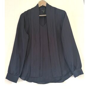 Ann Taylor Petite Navy Blue Tie Neck Shadow‎ Stripe Blouse Top MP Long Sleeve